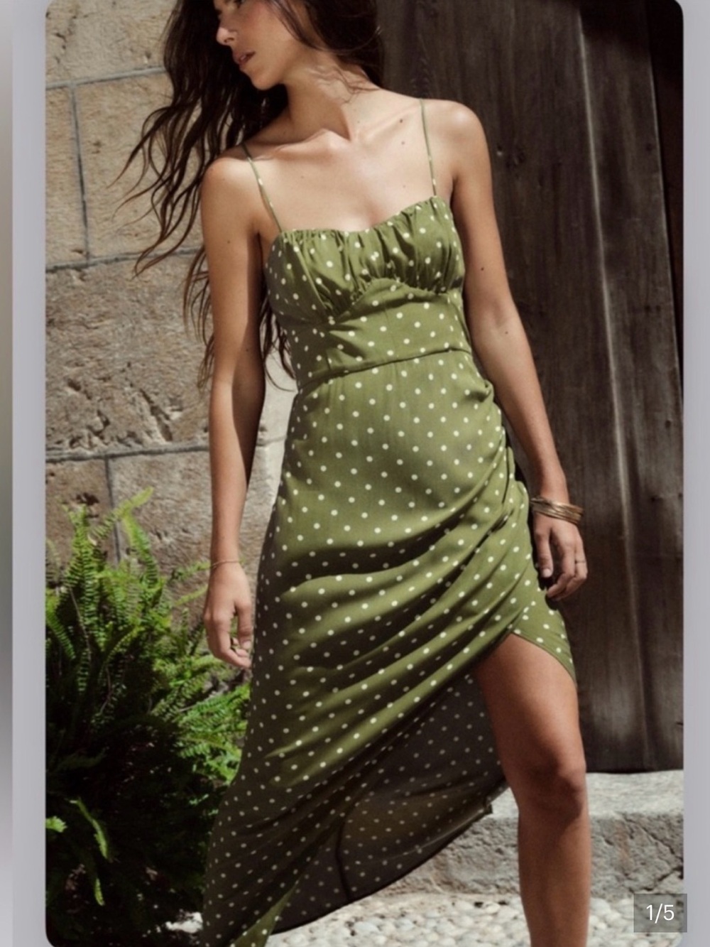 Zara Olive Green Polka Dot Maxi Dress with White Dots
